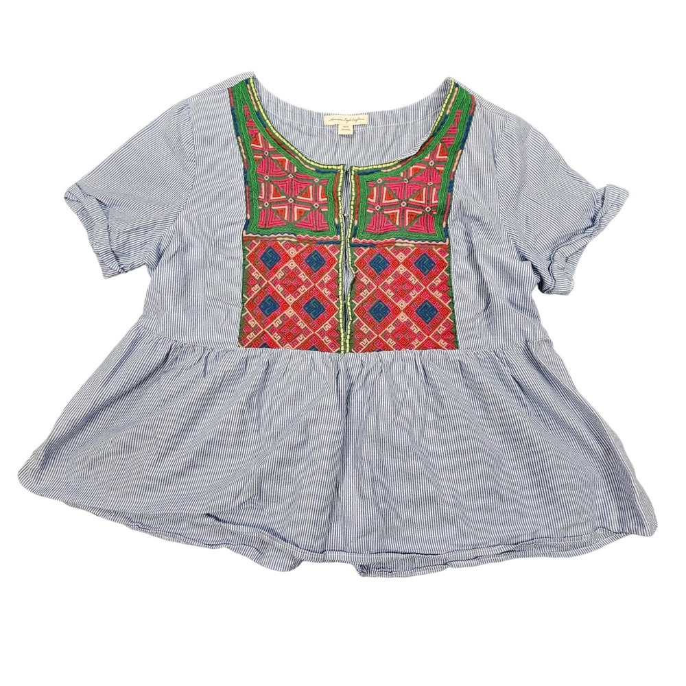 American Eagle Boho Embroidered Peplum Top M Blue Seersucker Babydoll Festival